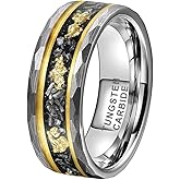 TUTISS 8mm Silver/Black Hammered Tungsten Rings for Men Women Meteorite Chip Gold Foil Inlay Promise Engagement Wedding Band Matte Finish Comfort Fit