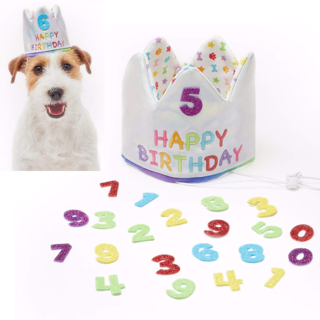 Pet London Happy Birthday Crown Hat for Dogs & Cats-Add Any Age-Glitter Numbers Included (20pcs) - Celebrate Pets Birthday - Reusable Every Year & Reversible- embroidered with HAPPY BIRTHDAY (Small)