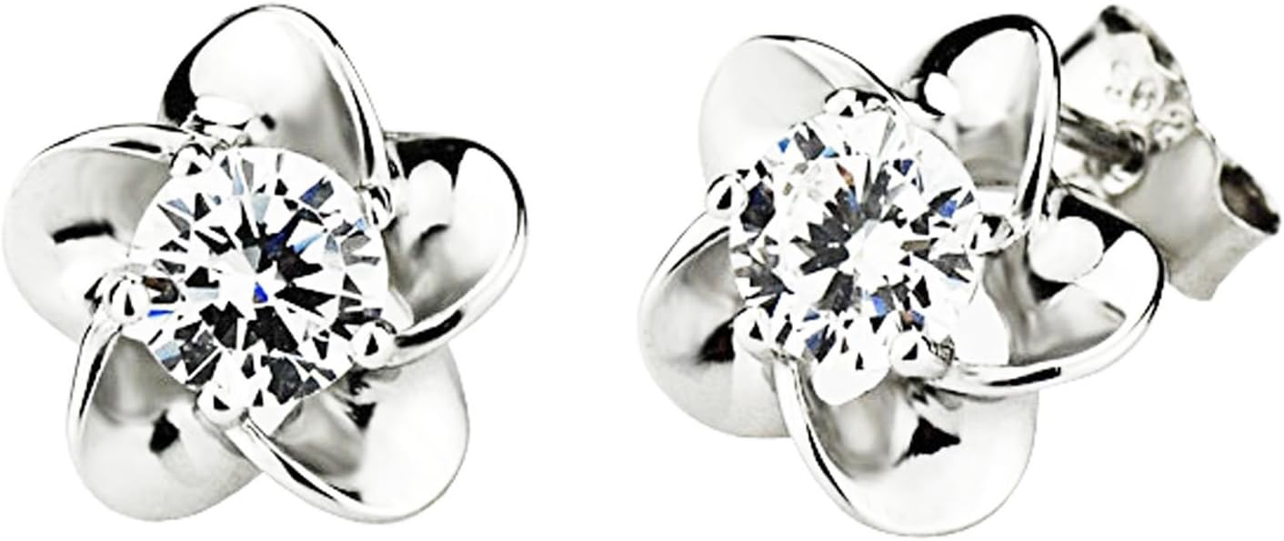 Pink Universe Elegant CZ Plum Flower Earrings Studs Silver 2 pcs in 1 Pair with Gift Box
