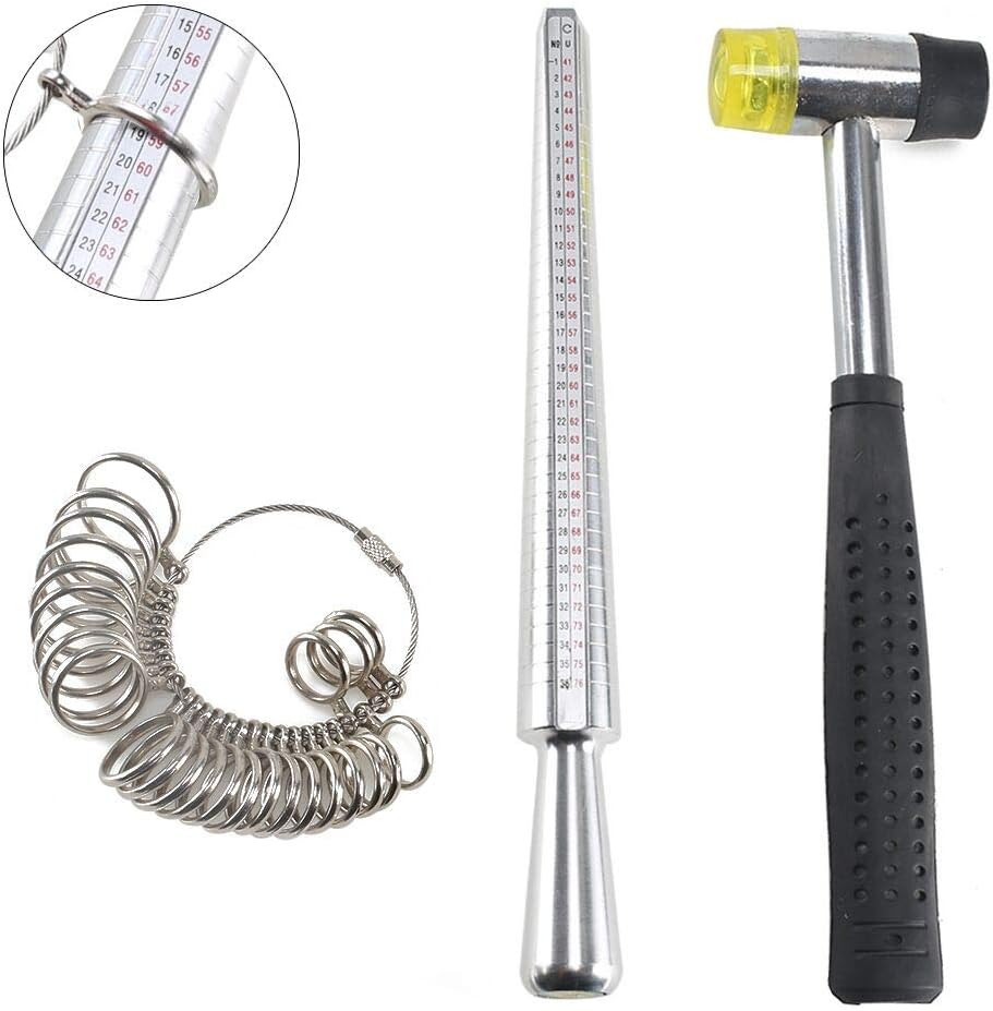 ETSAMOR Metal Ring Mandrel Sizer Gauge Set with Rubber Hammer Ring Size Measurement UK Ring Sizes A-Z for Jewellery Making Repair Wedding Craft, Pack of 3