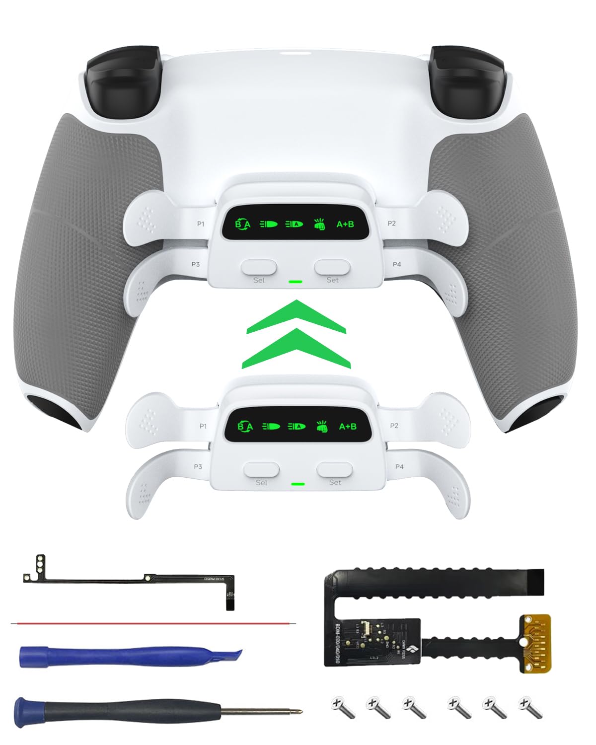 CHARM FOCUS Remap Kit with 4 Back Paddles for PS5 Controller BDM-030/040/050 , DIY PS5 Controller Mod Shell with Back Buttons, Rubberized Grip, PS5 Paddles Attachment, White