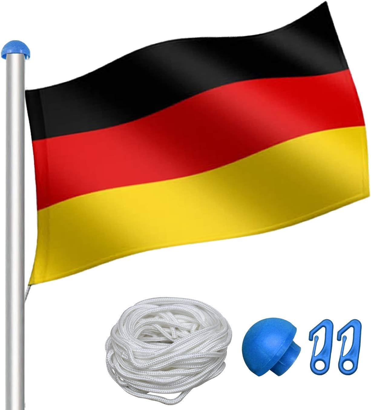 VINGO Aluminium Fahnenmast und Bodenhülse 6,5 m, hochwertiges Flaggenmast inkl. Deutschlandfahne 150 * 90 cm mit Abschlusskappe