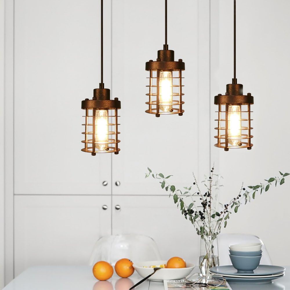 WINSOON 3 Pack Pendant Light Fixture Mini Rustic Metal Cage Hanging Lighting (Bronze, 3Pack) - - 