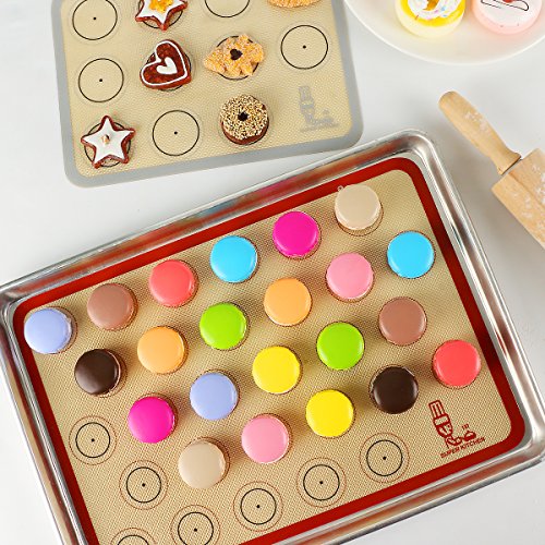 Non Sitck Silicone Baking Mat Macaron Sheet - Set of 3-2 Half Sheet Mats and 1 Quarter Sheet Liner,For Bake Pans/Pizza/Cookie and Bread Making,By Super Kitchen