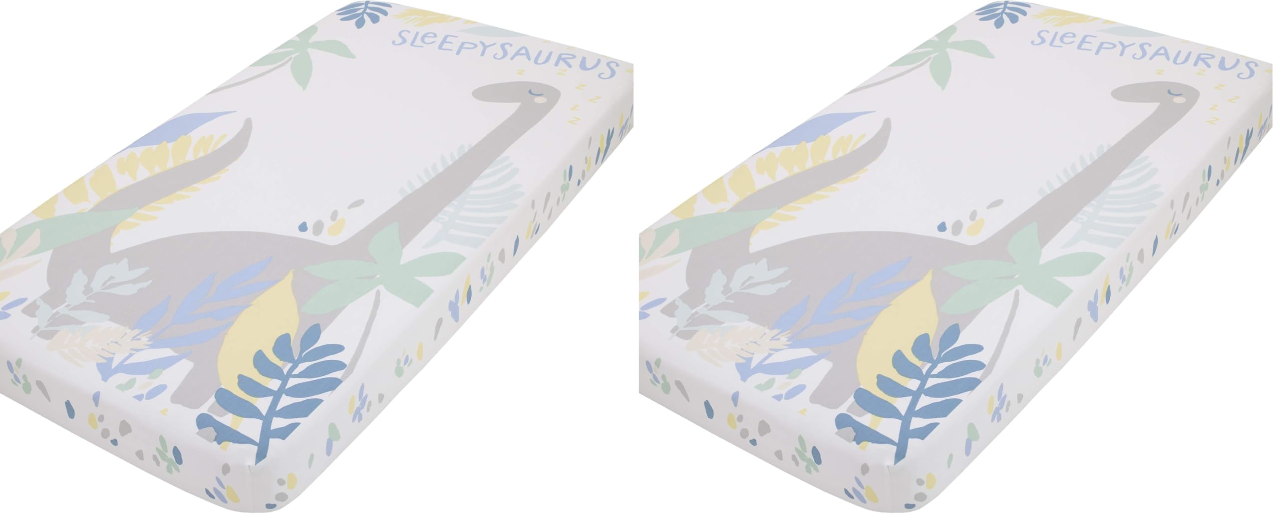 NoJo Sleepysaurus Blue, Yellow, Grey & White Dino Leaf 100% Cotton Photo Op Fitted Crib Sheet, Blue, Grey, Yellow, White (Pack of 2) Image