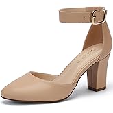 DOBOLIN 3 Inch Wide Width Chunky Heels for Women Closed Toe Heels Dress Shoes for Womens Round Women Pumps Ankle Strap Buckle Block Heel Party Wedding Comfortable (Check Size Chart Before Select)