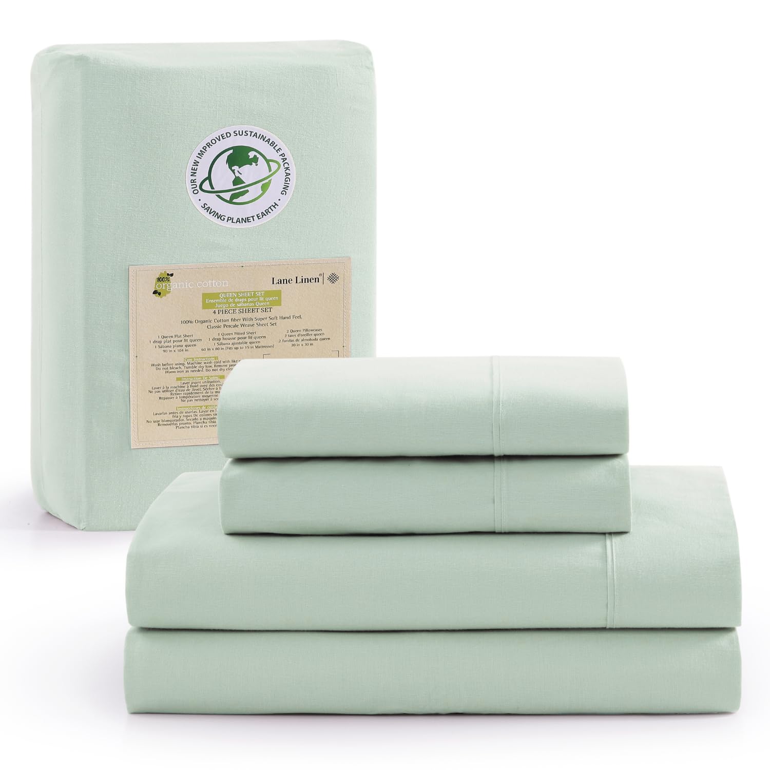 LANE LINEN 100% Organic Cotton Queen Sheets, Fully Elasticized Soft & Comfy Classic Percale Weave, Low Pill Fade Resistant Machine Washable Sheet & Pillowcase Sets, 15