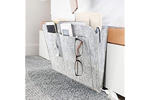DOURR Felt Bedside Caddy, Bedside Pocket Caddy Bed Organizer Storage Inside with 5 Pockets and Charging Cable Hole for Organizing Tablet Magazine Phone Small Things Holder (Gray)