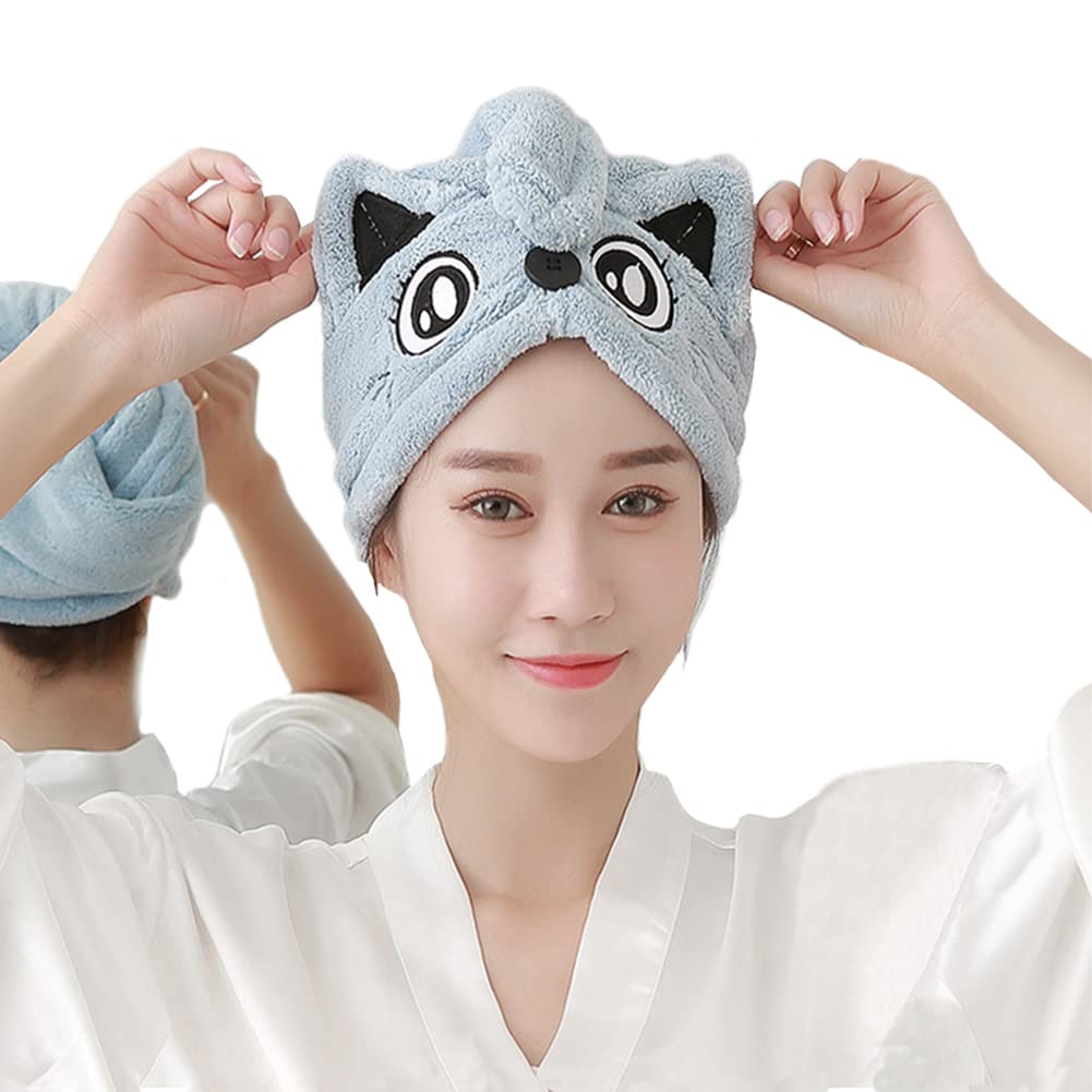 IBLUELOVER Hair Towel Wrap Cute Cat Hair Turban Towel Quick Dry Cartoon Hair Shower Cap Hat Coral Fleece Super Absorbent Dry Hair Wrap Cap for Women Wet Long Thick Hair