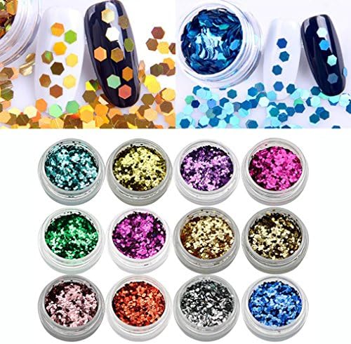 Yeefant 12 Pcs Colors Shiny Metallic Nail Art Tips Stickers 3D Glitter Sequins Manicure DIY,Easy to Use,Diameter of Each Jar 0.08 Ft,Carton Size 0.38x0.29x0.05 Ft