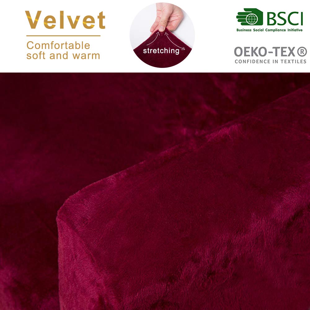 ACOMOPACK Velvet Sofa Cover Stretch Couch Cover for 3 Cushion Couch Cover Sofa Slipcover with Plastic Tuckers and Side Pocket for Living Room Furniture Protector for Dogs(Sofa, Wine red)
