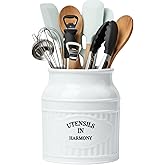 URBANYARD Ceramic Utensil Holder, 6.9" Large White Utensil Crock for Kitchen Countertop, Farmhouse Rustic Ceramic Kitchen Organizer for Cooking Tools and Utensils