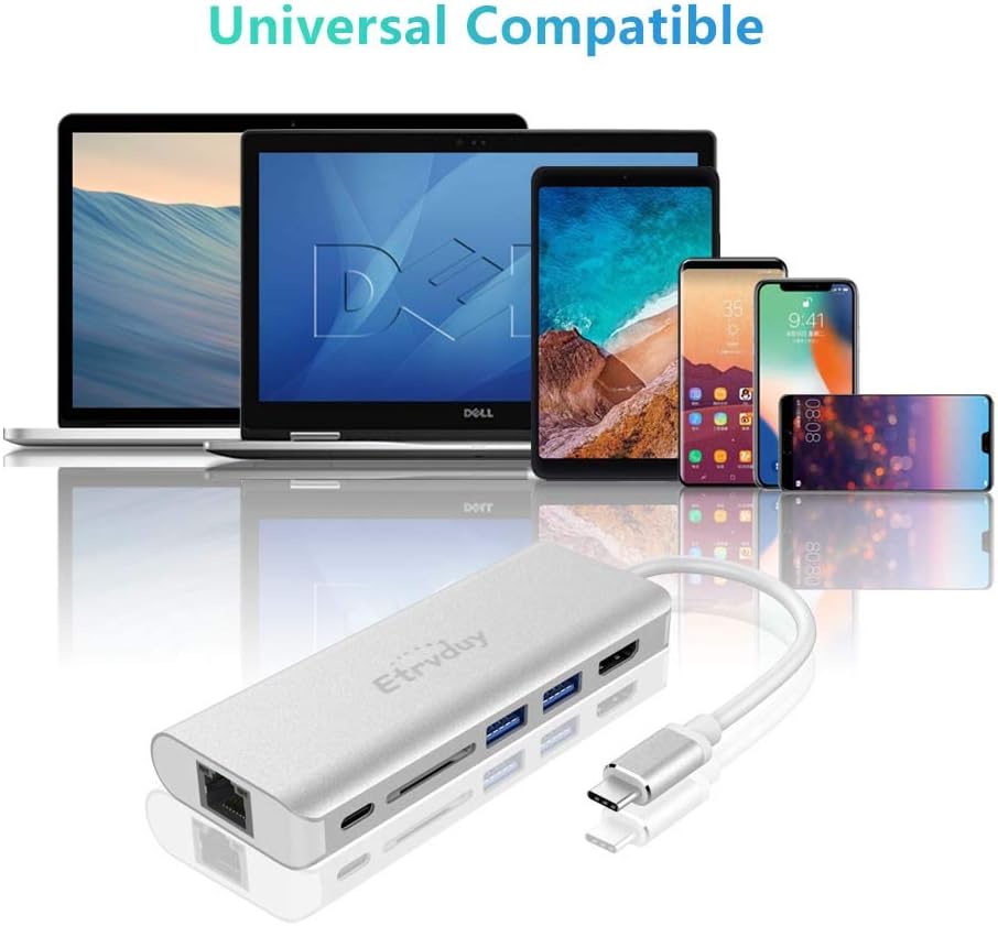 Etrvduy USB C Hub, Multiport USB C Adapter with 4K USB C to HDMI Converter, 2 USB 3.0, Card Reader, Type C Charging, Gigabit Ethernet, USB C Dock Compatible Apple MacBook Pro 13/15/16 (Thunderbolt 3): Computers & Accessories
