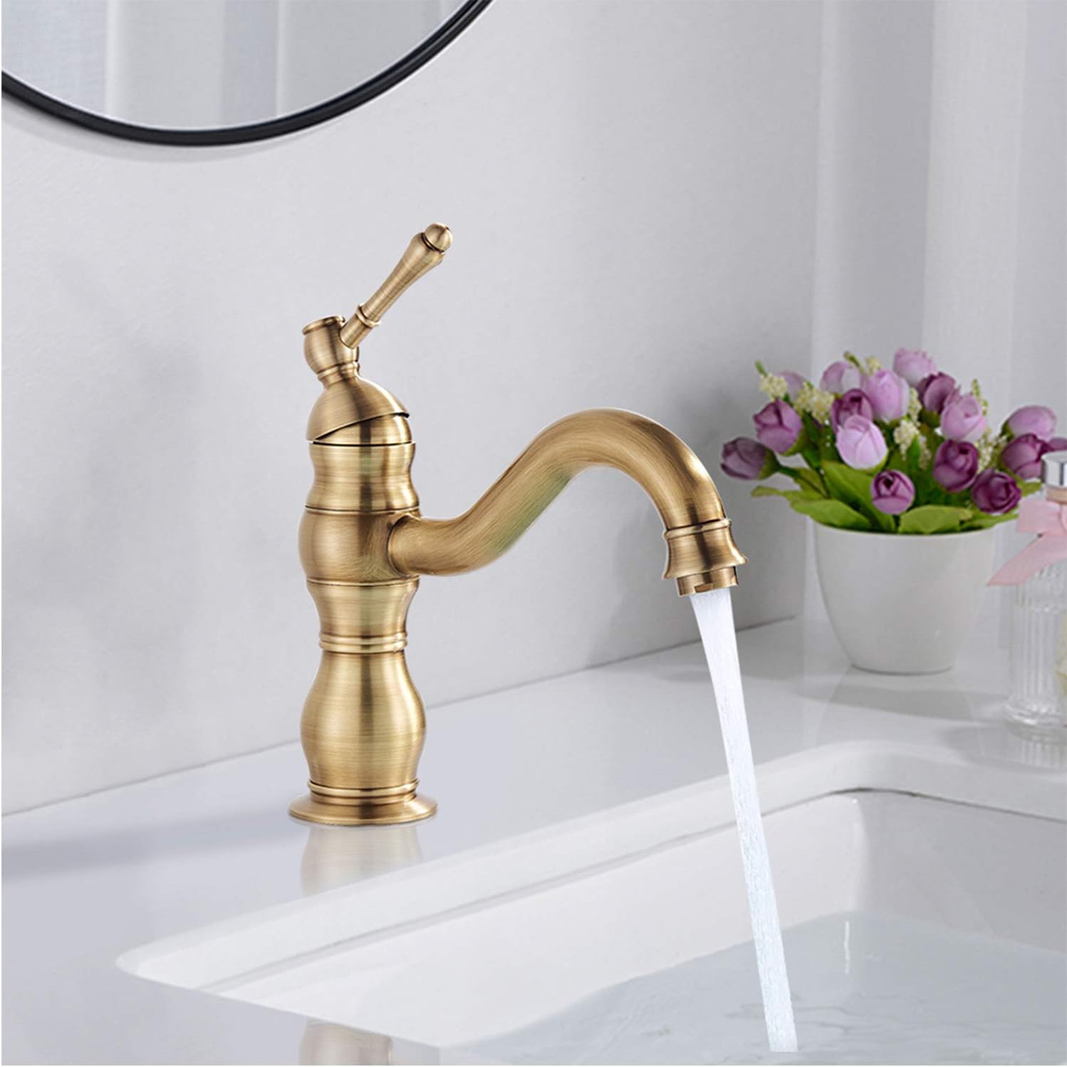 Rozin Antique Brass Bathroom Sink Tap Brass Single Hole Deck Mounted Basin Mixer Wash Sink Tap, Antique Brass Short Basin Mixer, Short