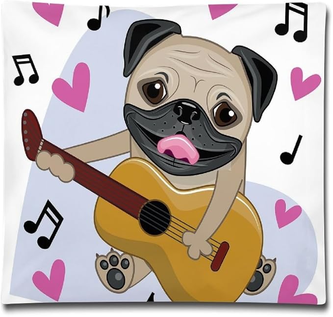 Cojín de dibujos animados con diseño de perro pug jugando guitarra