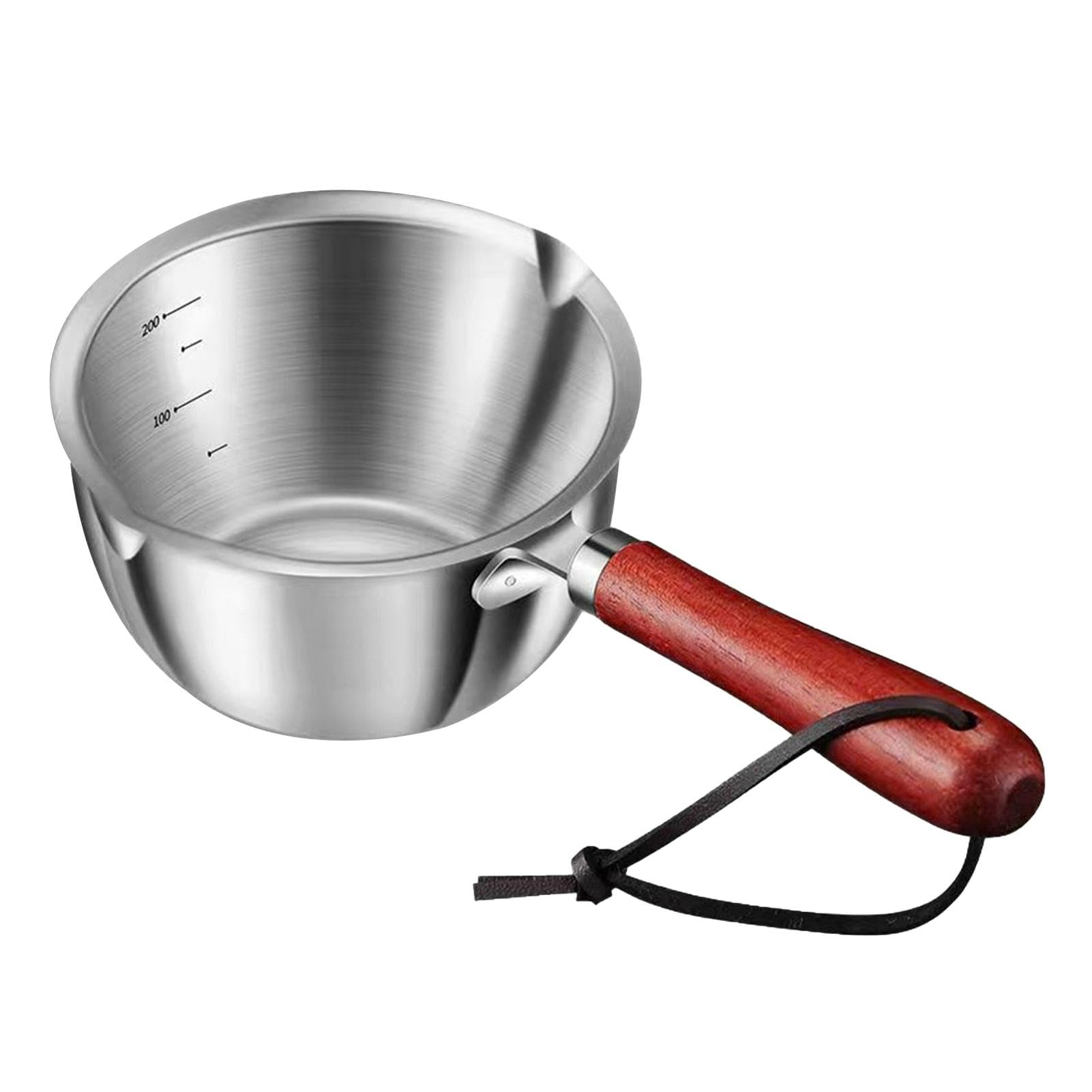 Photo 1 of Stainless Steel Milk Warmer with Wooden Handle - Mini Butter Melting Pot with Dual Pour Spouts, Chocolate Melting Pot (150ml)