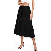 Urban CoCo Women's Elastic Waist Flowy A-Line Midi Long Skirt Below Knee with Pockets