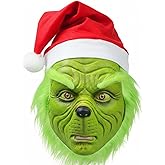 casapre GreenMonster Mask with Santa Hat, Green Christmas Character Costume Accessory for Adults