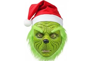 casapre GreenMonster Mask with Santa Hat, Green Christmas Character Costume Accessory for Adults