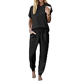 Ekouaer Womens Pajama Sets 100% Cotton Pajamas Short Sleeve Pj Top With Jogger Pants 2 Piece Lounge Set with Pocket