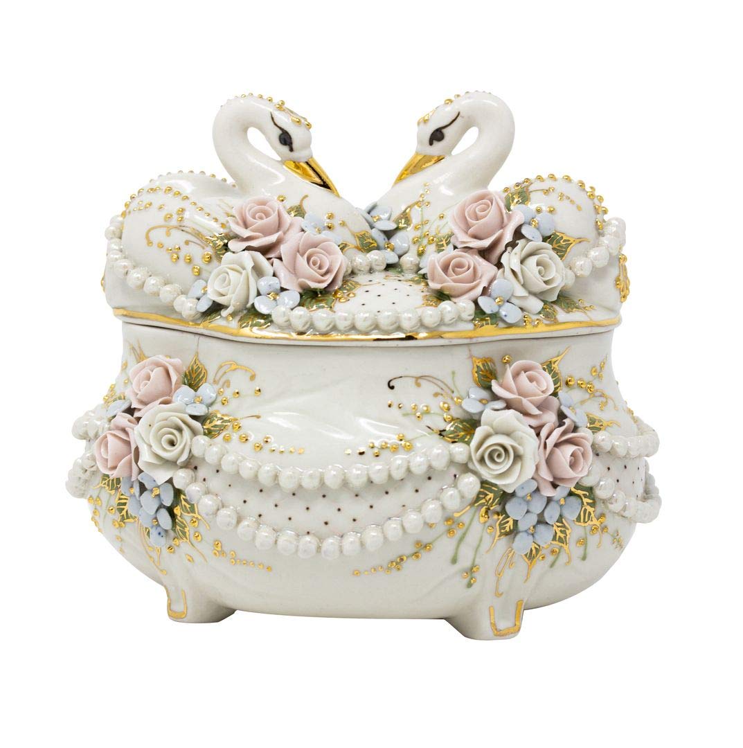 Porcelain Jewelry Box Chest with Swans Handmade 6.2 x 7.5 x 5.9 inches 3D Swans and Flower