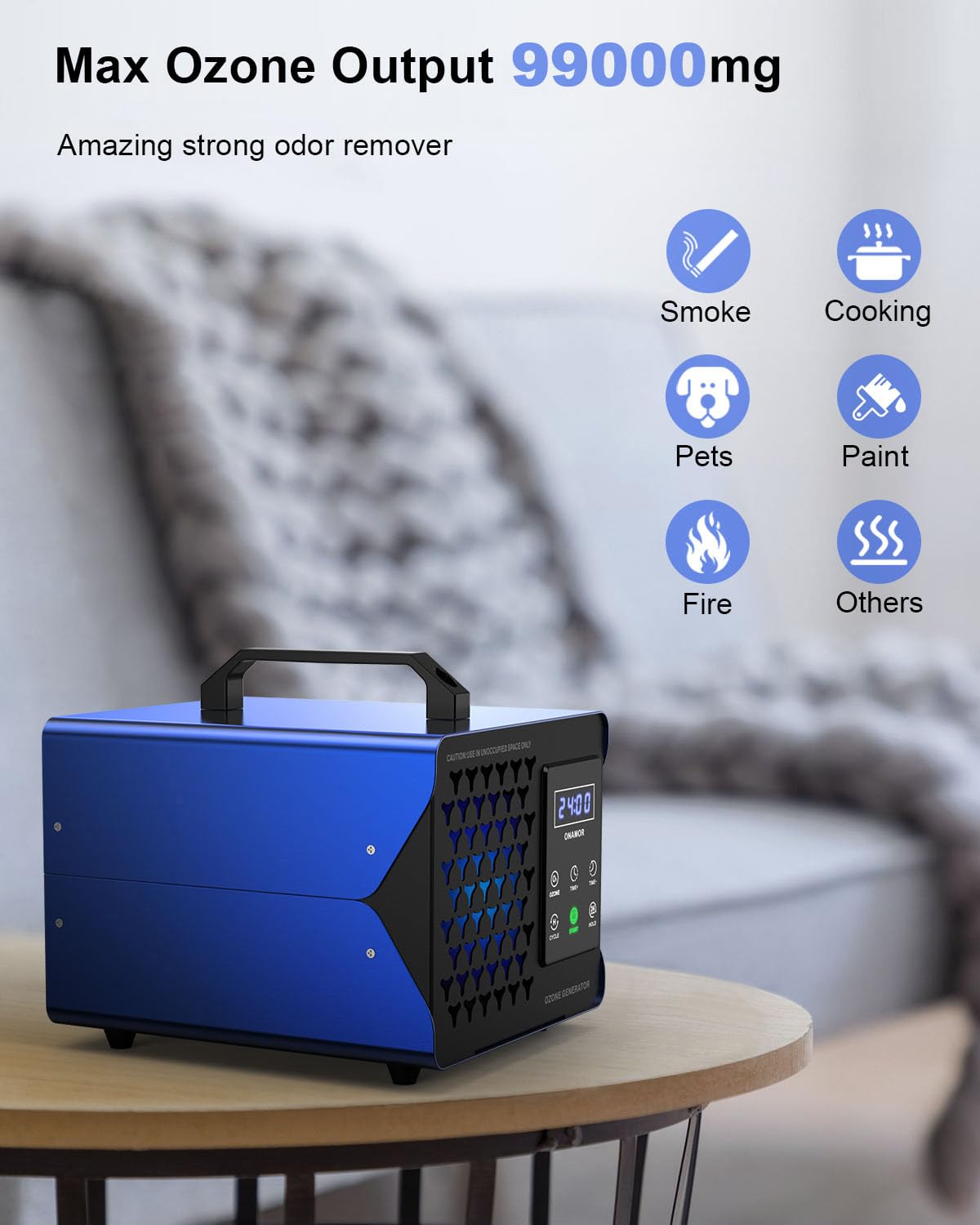 ONAMOR Digital Ozone Generator Odor Eliminator 99,000mg, High Capacity Ozone Machine Odor Removal Up to 8,000 Sq.Ft, Ionizer Deodorizer Ozonator for Home, Car, Smoke, Pet Room