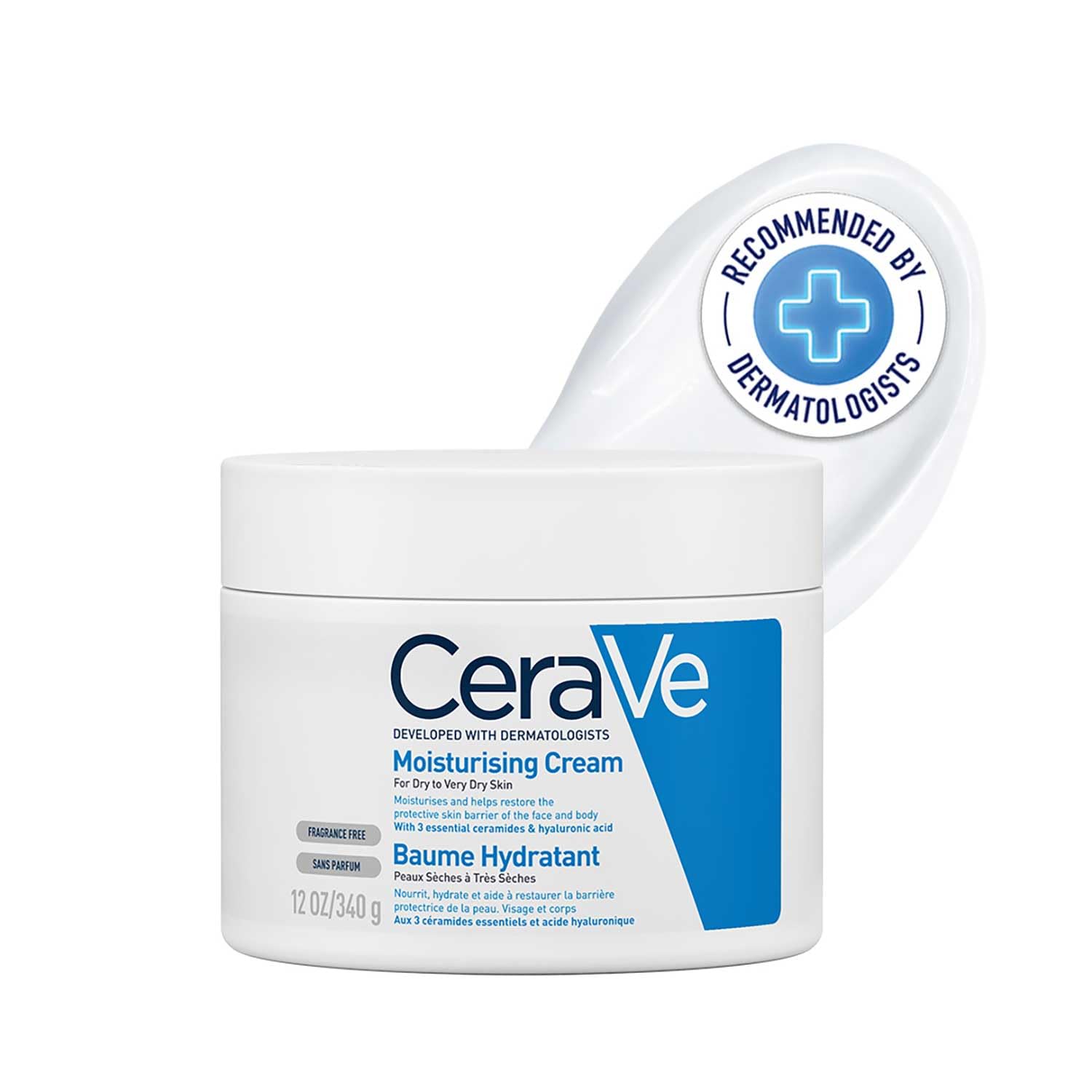 CeraVe Moisturising Cream Pot with 3 Essential Ceramides and Hyaluronic Acid for Dry to Very Dry Skin 340g, Dermatological Skincare, Fragrance-Free, Non-Comedogenic