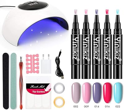 Kit Nail Art Complet Avec Lampe Uv Yinikiz 5 Feutres Stylos Vernis Gels Sticker Ligne Dorée Et Argentée Crochet à La Peau Morte Lime Cotons