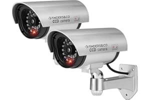 F FINDERS&CO Fake Security Camera, Dummy CCTV Surveillance System with Realistic Red Flashing Lights and Warning Sticker (2, Silver)