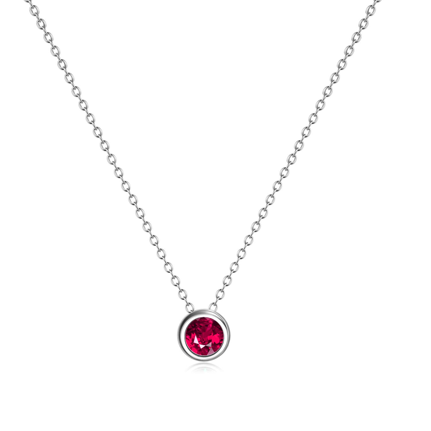 Simulated Birthstone Necklace CZ Halo Pendant Cubic Zirconia Sterling Silver Necklaces Gifts for Women Girls (Ruby-July)