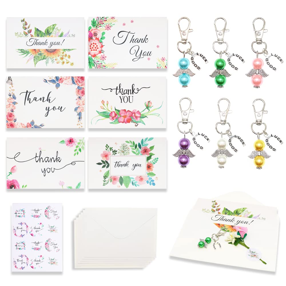 BITEYI Thank You Card Keychain set,6 Greeting Cards with Envelopes 6 Keyring 12 Sticker 12 Handmade Flowers,Gifts of Thanks for Colleagues Teachers Parents Friends (Flower)