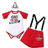 AWIBMK Race Car 1st Birthday Boy Cake Smash Outfit Driver Racer Theme Romper Suspender Shorts Hat Photo Shoot Outfits