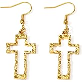 Gold Cross Earrings for Women,Large Hollow Cross Dangle Drop Earrings,Hammered Crucifix Ear Jewelry Faith Everyday