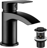 Funime Basin Taps Mixers Waterfall Black Mono 1 Hole with G1/2 Hoses