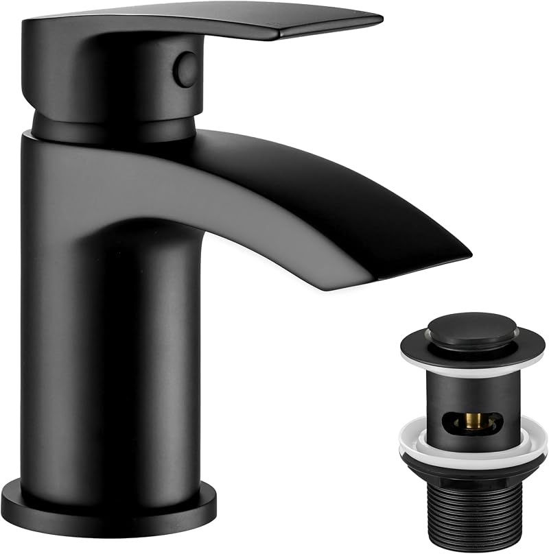 Funime Basin Taps Mixers Waterfall Black Mono 1 Hole with G1/2 Hoses