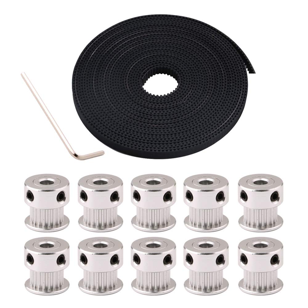 QitinDasen 5m 3D Printer GT2 Timing Belt Kit, 2mm Pitch 6mm Width Rubber Timing Belt, with 10Pcs 5mm 20-Teeth Aluminum Timing Pulley, for 3D Printer CNC Machine