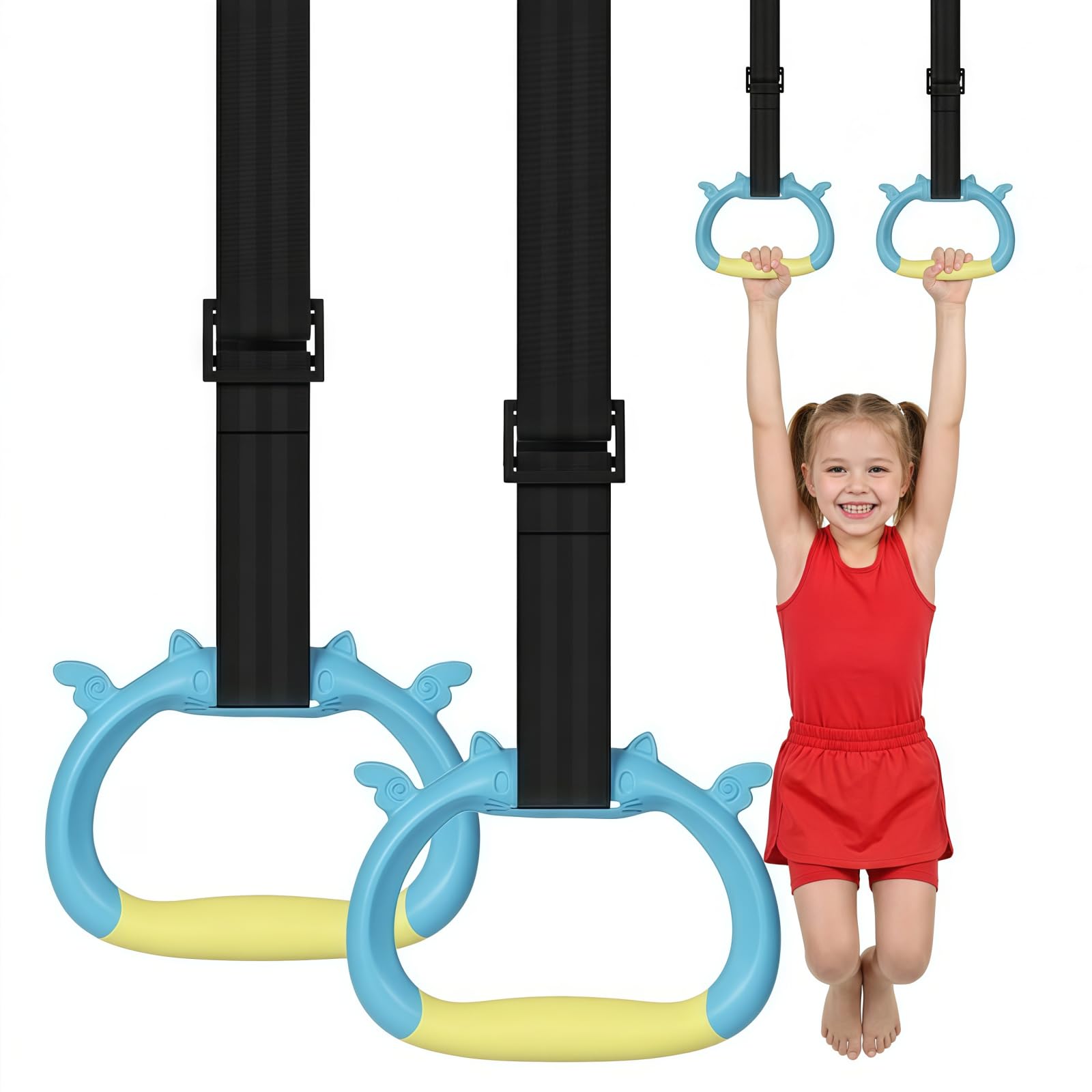 Grapelet Gymnastics Rings Set, Home Gym Equipment, Adjustable Strap Strength Training Rings, Pulling Rings for Physical Training (Yellow Blue)