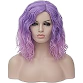 Cying Lin Short Bob Wavy Fun Wig Ombre Pink Purple Wig For Women Colorful Wigs Cosplay Halloween Wigs Heat Resistant Bob Party Wig Include Wig Cap(Pink Purple)