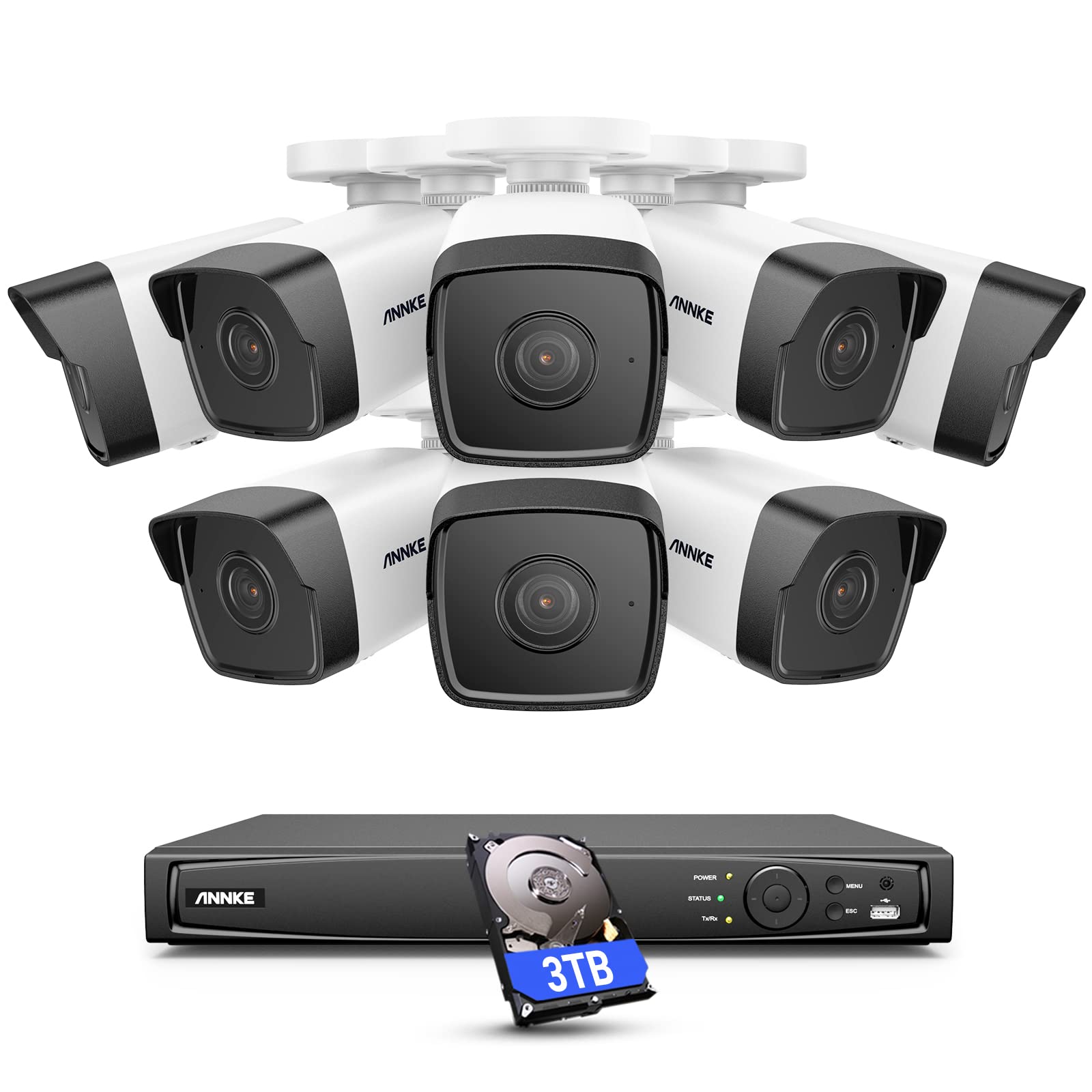 ANNKE 16CH PoE Security CCTV Camera Systems, 8pcs 5MP Super HD IP67 Weatherproof IP Outdoor Cameras, 4K NVR with 3TB HDD, 24/7 Audio Recording, Color Night Vision, Motion Detection