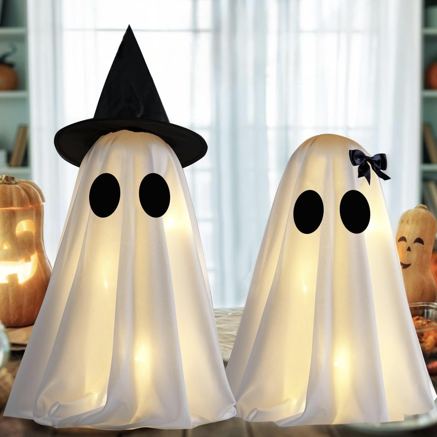 Photo 1 of [Timer] Light Up Halloween Ghost Decorations, Set of 2 DIY Spooky Ghosts Crafts, Scary Ghost for Halloween Decor Indoor Home Mantel Shelf & Tabletop Decor