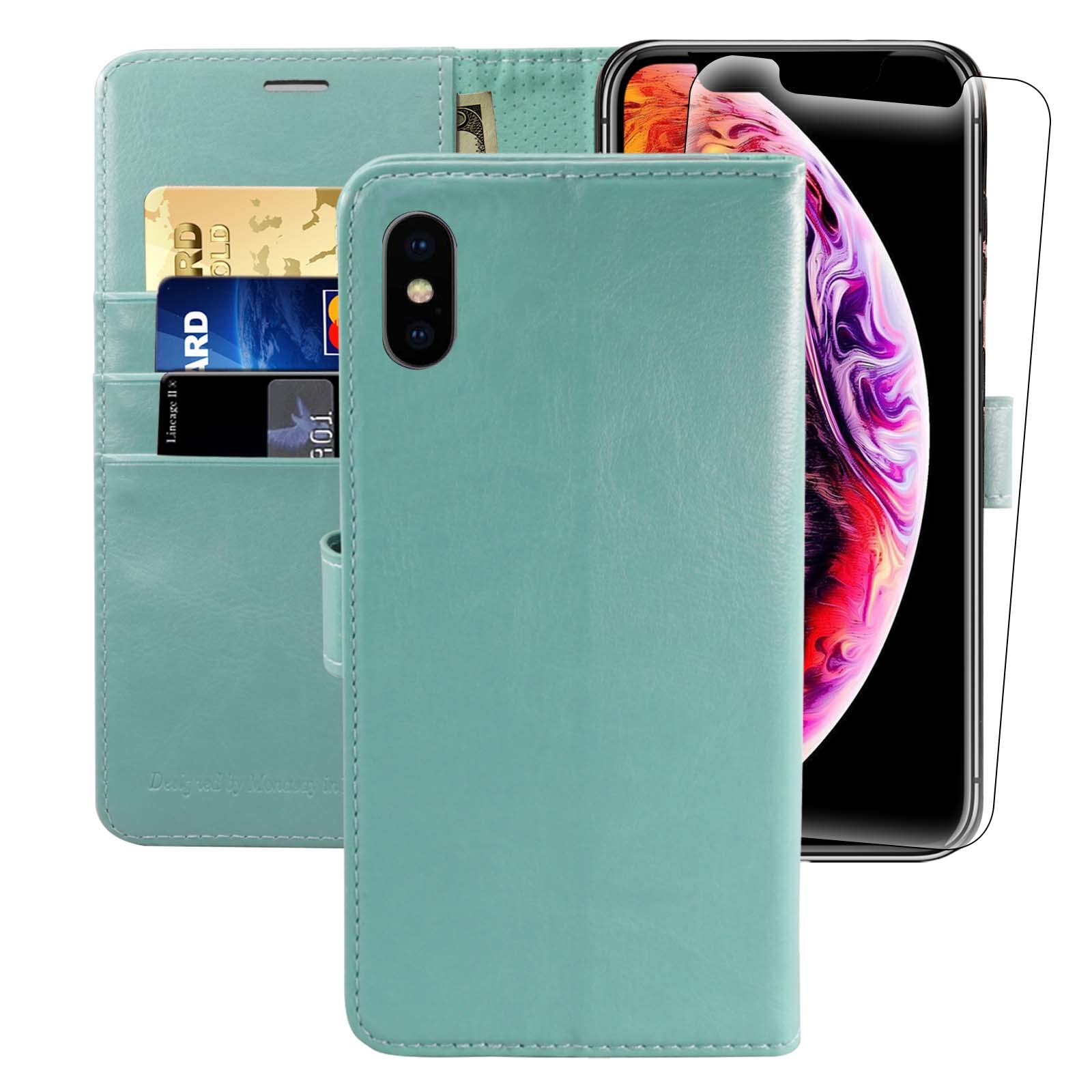 MONASAY iPhone XS Wallet Case/iPhone X Wallet Case,5.8-inch [Glass Screen Protector Included] Flip Folio Leather Cell Phone Cover with Credit Card Holder for Apple iPhone XS/X,Mint
