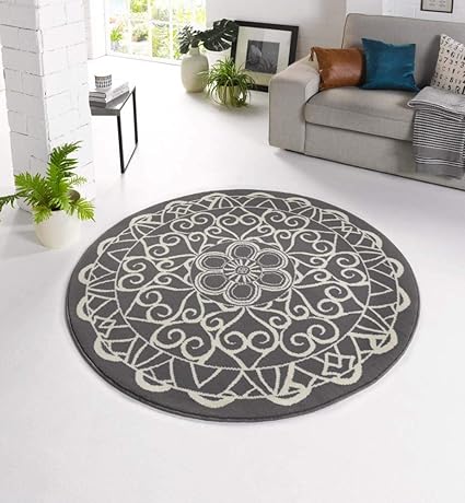 Zala Living ø140 Designer Velours Teppich Mandala Rund Polypropylen Grau 140 x 140 x 0,9 cm