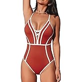 CUPSHE Women's One Piece Swimsuit Plunging V Neck Bathing Suit Crisscross Back Tie Slimming Color Block