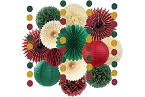FETETIJD Christmas Party Decorations Indoor Vintage Red Green Christmas Paper Fans Paper Pom Poms Honeycomb Balls Hanging Circle Dots Garland for Xmas New Year Eve Hanging Party Decor