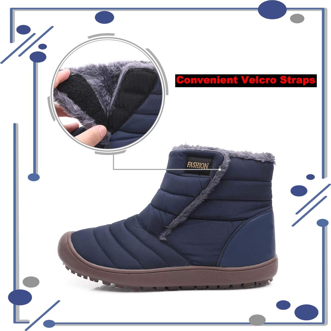 CARENURSE Men Women Winter Snow Boots with Fur Velcro Closure Water Resistant Lightweight Slip On Ankle Booties for Outdoor Blue