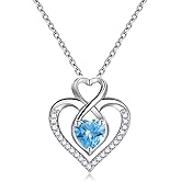 Qings Heart Birthstone Necklace Sterling Silver Birthstones Jewelry, Women Love Heart Pendant Necklaces for Mom Grandma Birth Stone Birthday Gifts