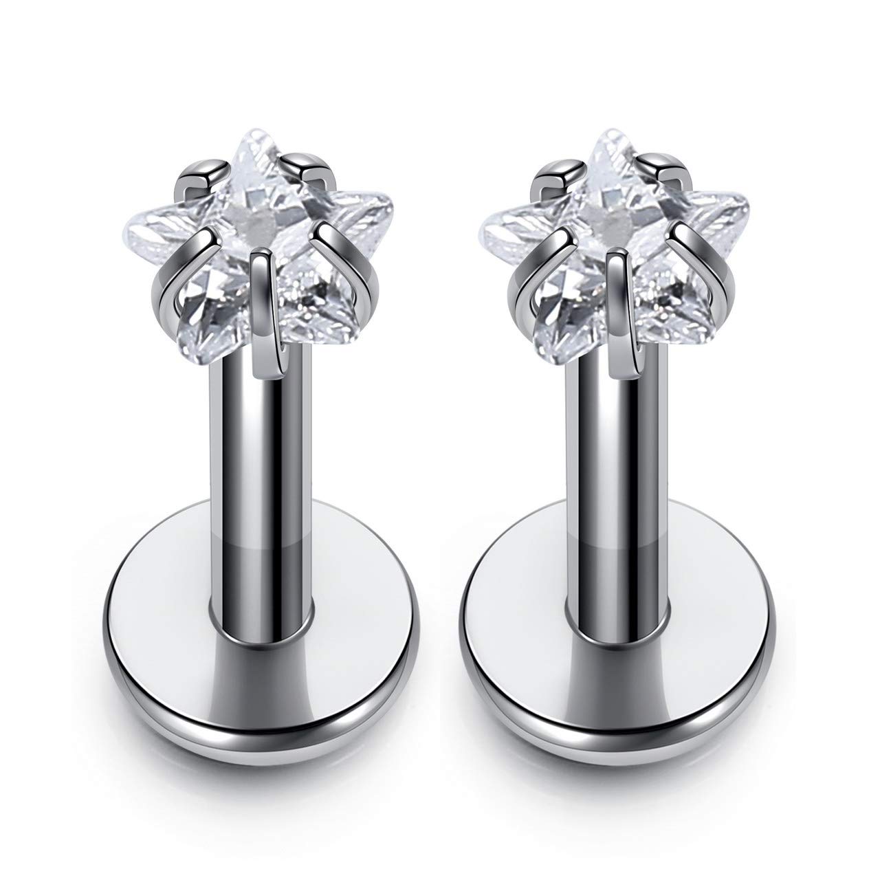 PiercingJ 2pcs 16g 316L Stainless Steel 3mm Cubic Zirconia Labret Monroe Lip Ring Cartilage Tragus Helix Earring 6-12MM Bar Length Body Piercing Jewellry