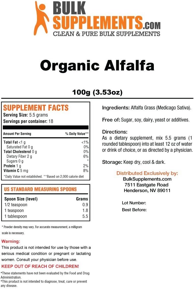 Organic Alfalfa Powder by Bulksupplements (250 Grams): Health & Personal Care