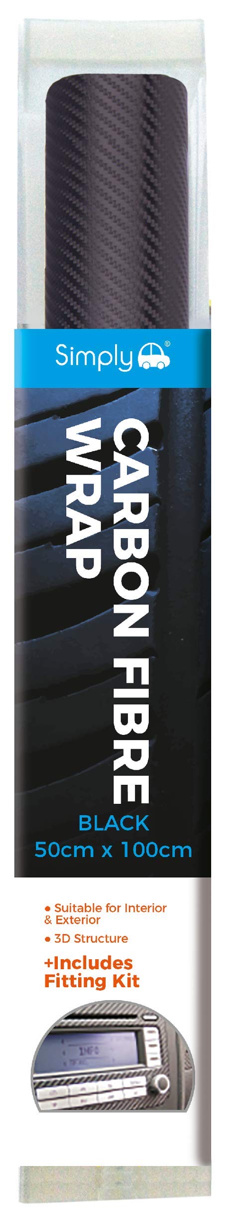 Simply CF-001 Vinyl Wrap Black Carbon Fibre 50 x 100cm, Carbon Wrap for Both Interior and Exterior of Vehicle, or Smartphones, tablets, Sat Navs, 3D Structure, Including Fitting Kit