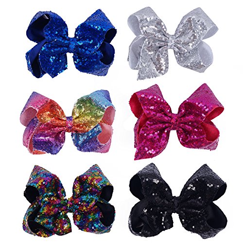 CN Bow For Girls 8 Inch Baby Hair Bows For Girls Big Large Sequin Boutique Bows Alligator Clips For Teens Babies Toddlers Children Newborn Infant Kids Teens Pack of 6